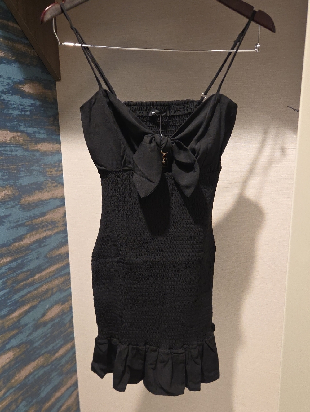 Black Smocked Mini Dress with Front Bow